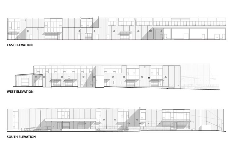 Elevation drawings showing east, west and south facades with mezzanine volumes and vertical circulation