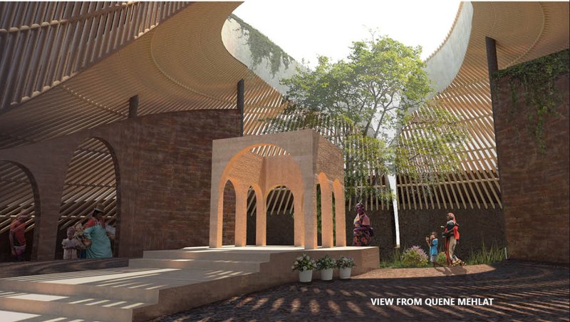 Sunlight filters through bamboo layers, creating a spiritual courtyard rooted in nature and Ethiopian architectural traditions.