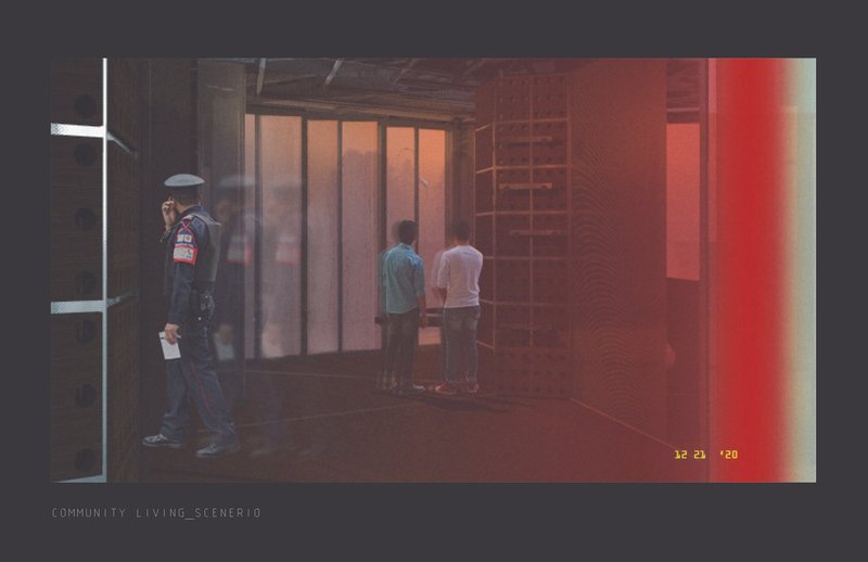 Refugees transition through a monitored yet humane environment designed for temporary stay and social integration.