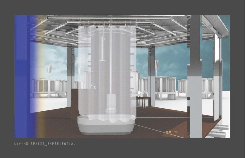 Central service cores anchor the unit, combining sanitation, light, and spatial clarity within a minimal footprint.