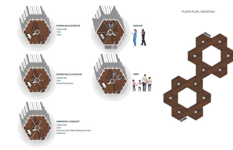 Transformable layouts shift from individual to family occupancy, demonstrating spatial flexibility in refugee housing.