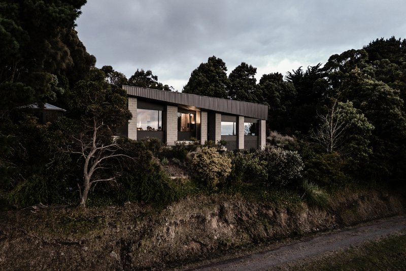 Elevated house with timber and concrete volumes perched above a sloped hillside under overcast skies