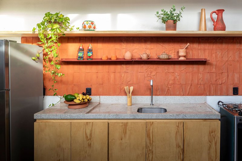 Kitchen counter with terrazzo top and timber cabinetry beneath a coral tile backsplash with potted plants