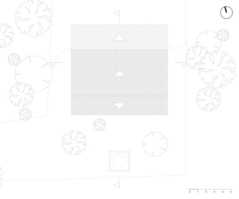 Site plan drawing showing rectangular roof volume surrounded by tree canopies and entry path