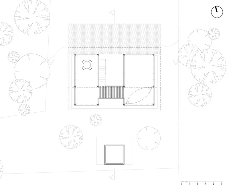 Floor plan drawing showing upper level with open terrace and central stair core