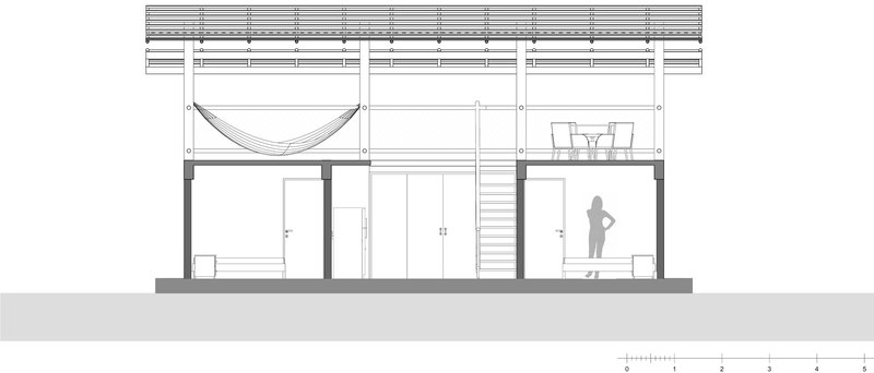 Section drawing showing two bedrooms under an exposed rafter roof with a figure standing