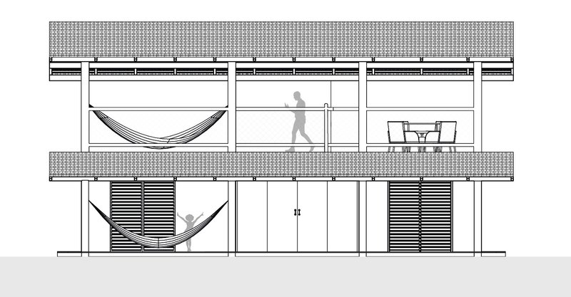 Elevation drawing showing facade with hammocks and louvered shutters across two levels