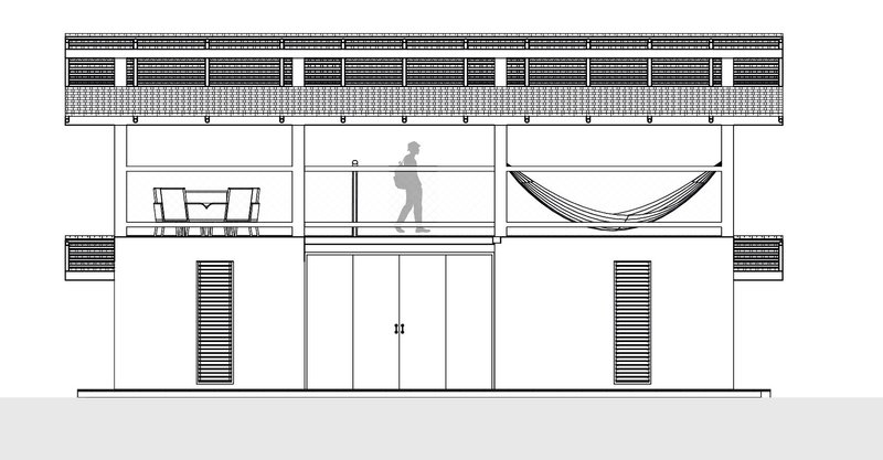 Elevation drawing showing symmetrical facade with central entry and hammock at upper balcony