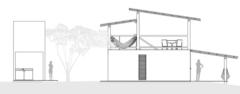 Section drawing showing split-level interior spaces with sloped roof and silhouetted figures and trees
