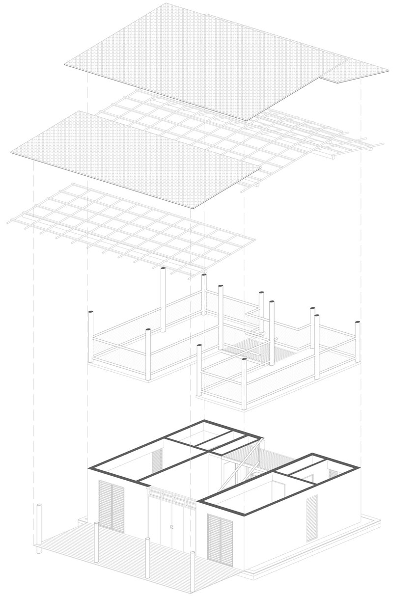 Exploded axonometric drawing revealing roof planes, structural grid, and interior partitions