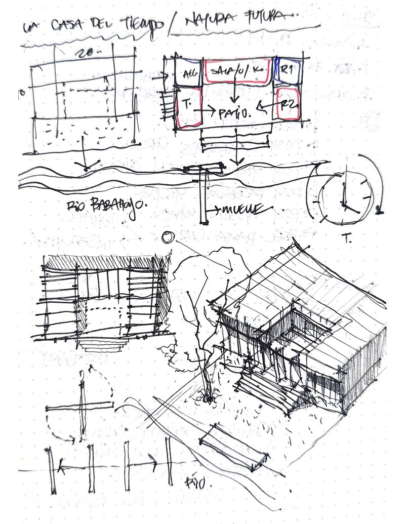 Sketch drawing showing axonometric view of pavilion structure with floor plan and sectional details above