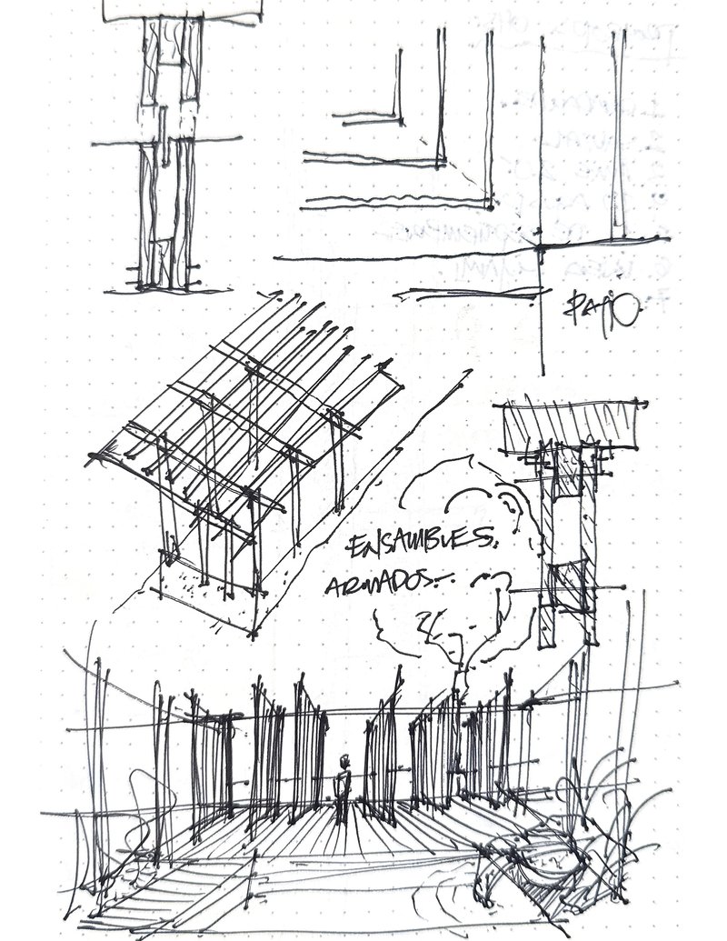 Sketch drawing depicting axonometric of timber roof structure over deck and screen wall with handwritten annotations