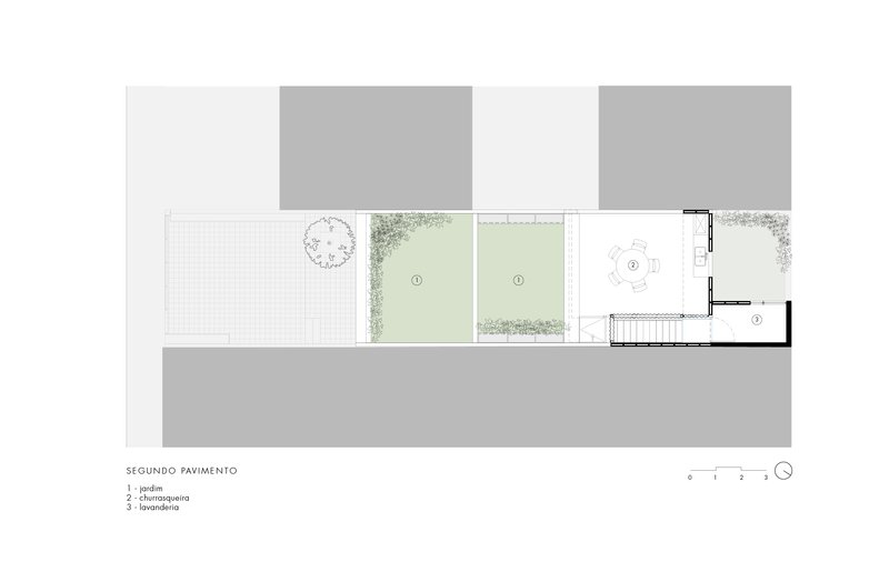 Second floor plan illustrating planted terraces and bedroom zones within the narrow footprint