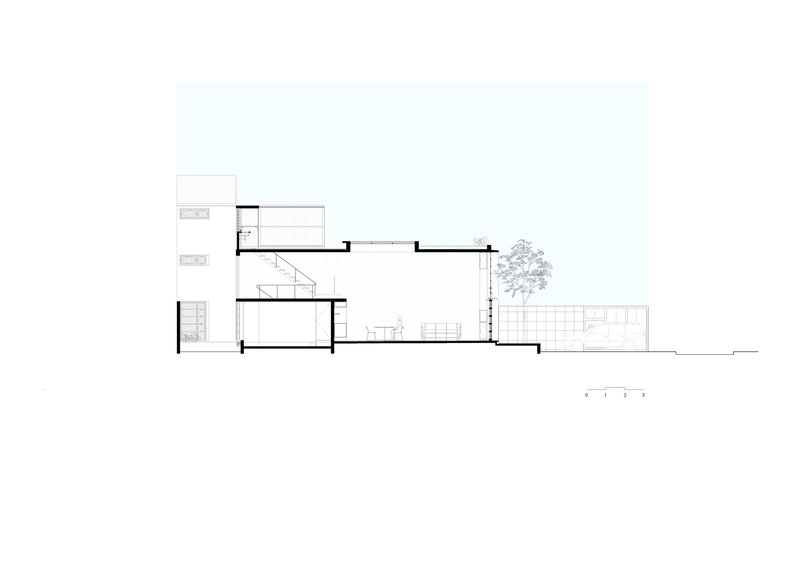 Longitudinal section drawing revealing stacked interior volumes with tree and terrace at rear