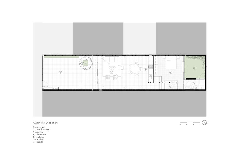 Ground floor plan showing a linear sequence of rooms with courtyard and planted garden