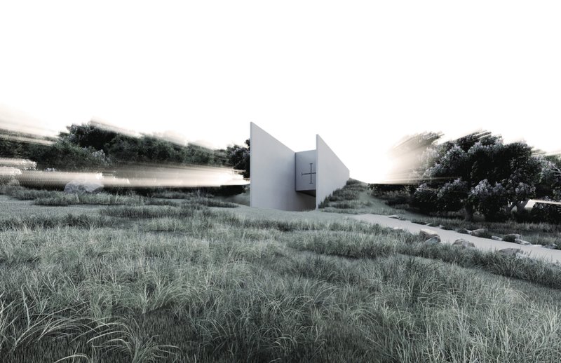 A minimal threshold marks the descent into a buried chapel, where architecture dissolves into the landscape.
