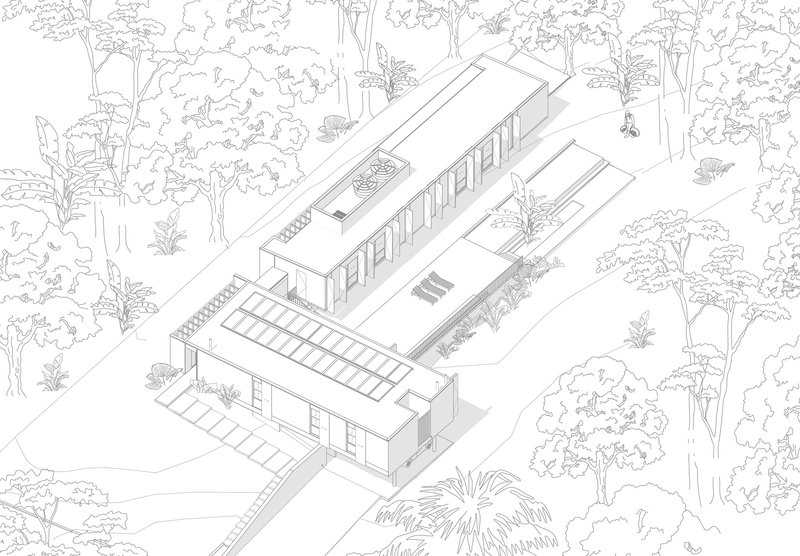 This architectural drawing presents an axonometric view of a modern residence integrated into a lush tropical landscape. The design features clean lines, flat r