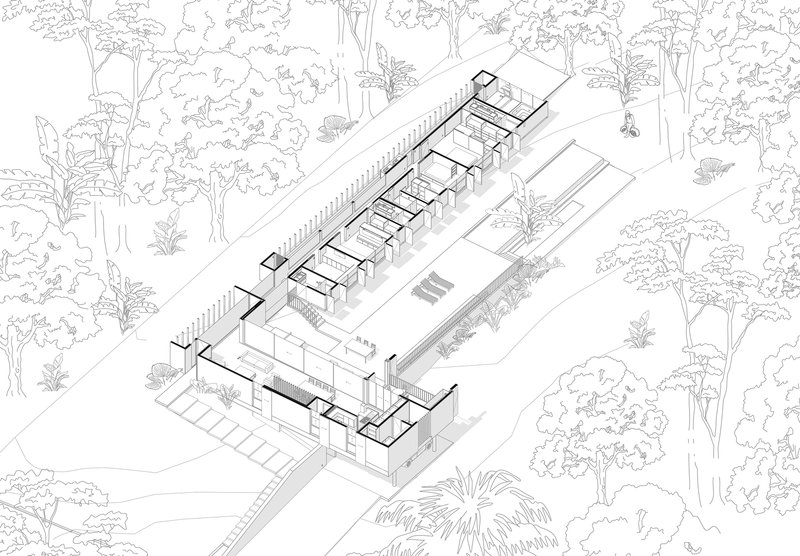 Axonometric cutaway drawing revealing interior room divisions and circulation within the three bar buildings