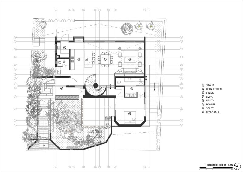 Ground floor plan showing open kitchen, dining area, courtyard with trees, and curved entry stair