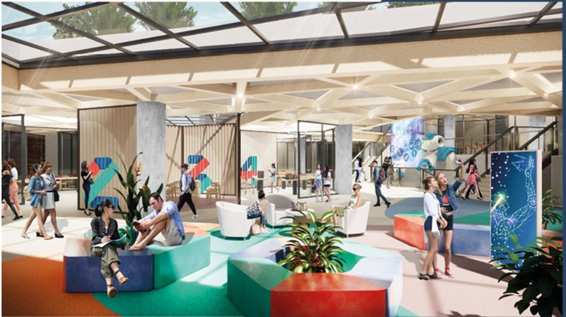 Open learning commons blending social interaction, informal study, and AI-driven engagement.