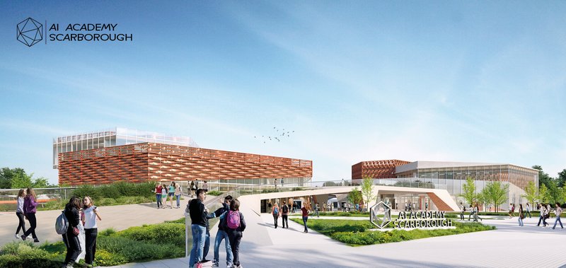AI Academy Scarborough campus integrating landscape, circulation, and interactive learning environments.
