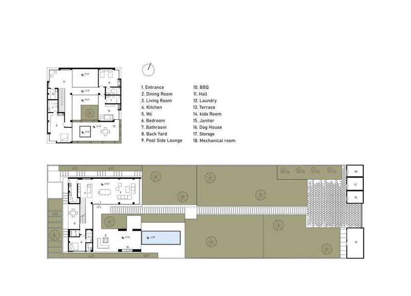 Floor plan drawings showing upper and ground levels with rooms wrapping around a central courtyard