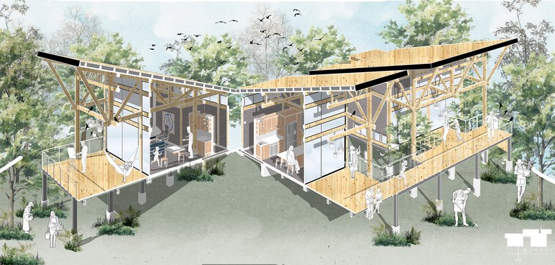 Axonometric section drawing showing the elevated timber structure with exposed framing and sloped roofs