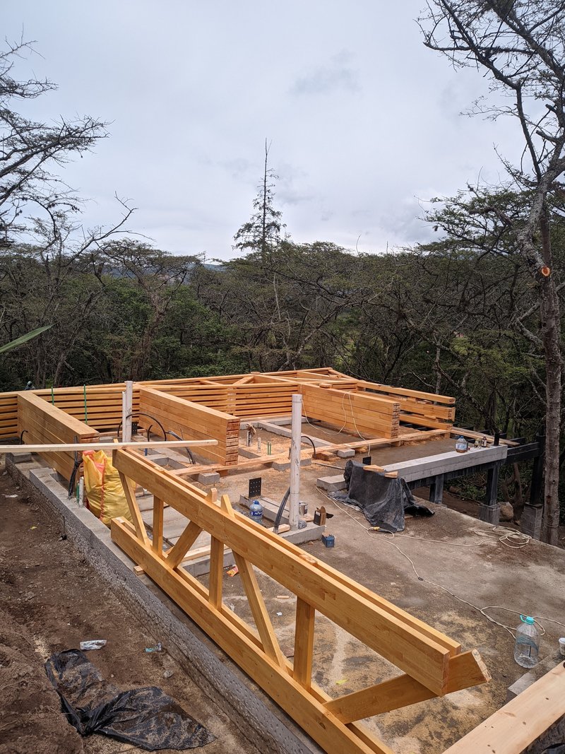 Exposed timber roof framing resting on a concrete slab during construction with forested hillside beyond