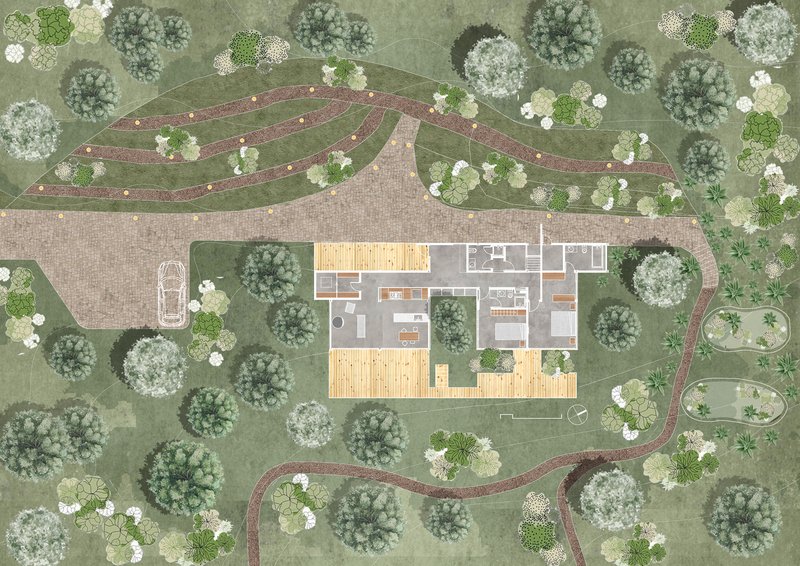 Site plan drawing showing a residence surrounded by winding pathways and scattered trees