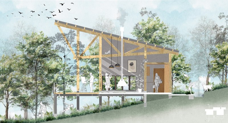 Section drawing illustrating the timber frame structure with birds flying overhead and forest beyond