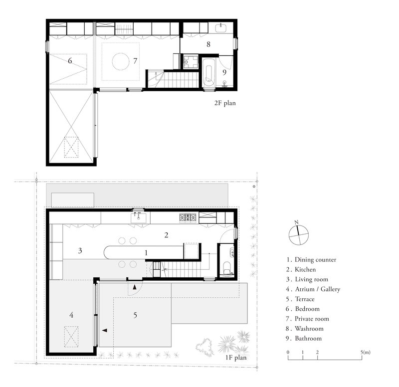 Floor plan drawings of both levels showing an L-shaped layout with central staircase and labeled rooms