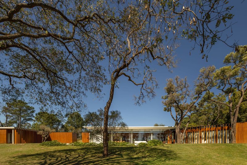 Long view of low-slung pavilions beneath mature trees casting dappled shadows on the grass
