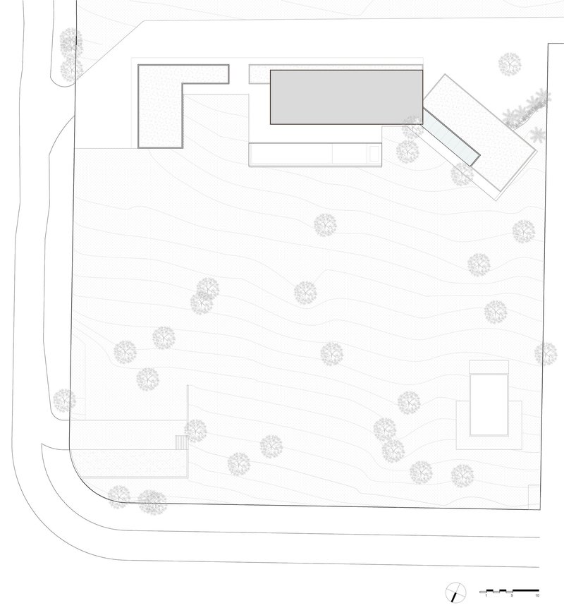 Site plan drawing showing orthogonal building volumes and scattered trees across a sloping lot