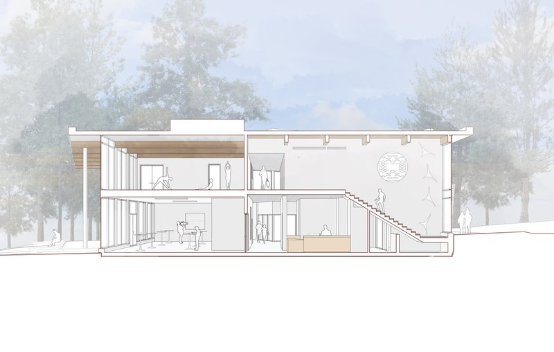 Section drawing showing a two-story residence with exposed timber framing and trees in the background