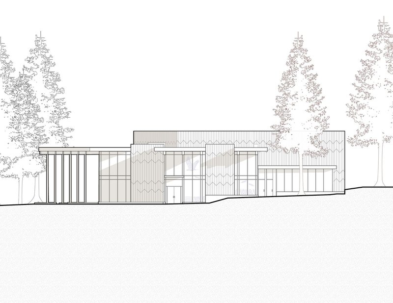 Elevation drawing depicting a horizontal residence with timber cladding and vertical slat screens among tall conifers