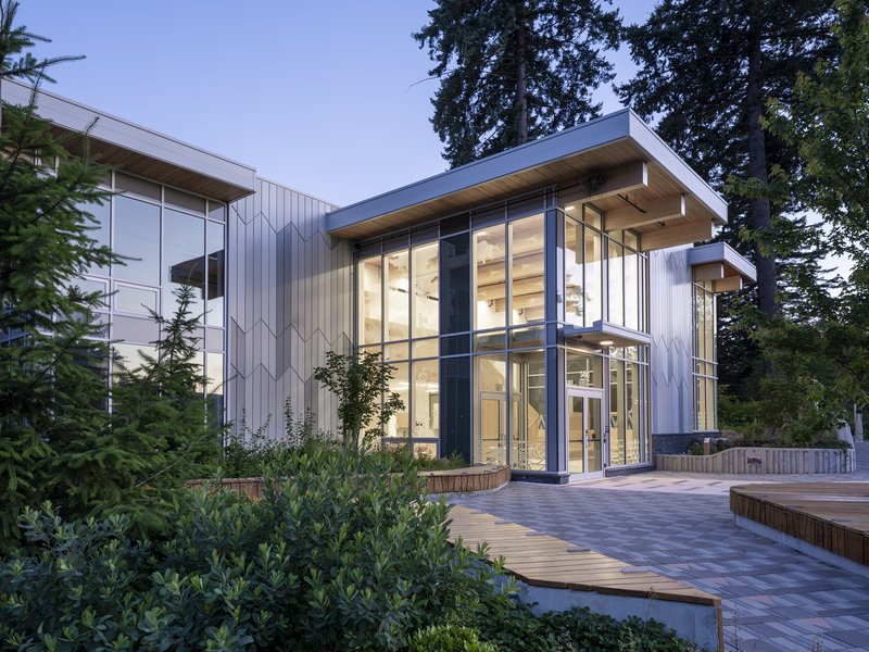 Main entrance with full-height glazing and timber-lined canopy as evening light fills the interior