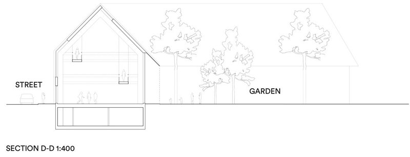 Section drawing displaying a sloped-roof building with a partial basement level opening to a garden