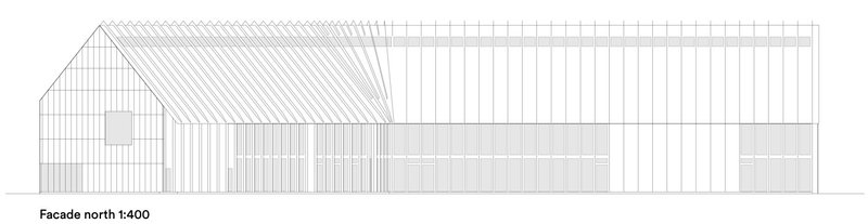 North elevation drawing showing a gabled volume with vertical cladding and hatched roof detail