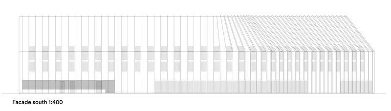South elevation drawing depicting a long facade with regular vertical slats and sloped roof