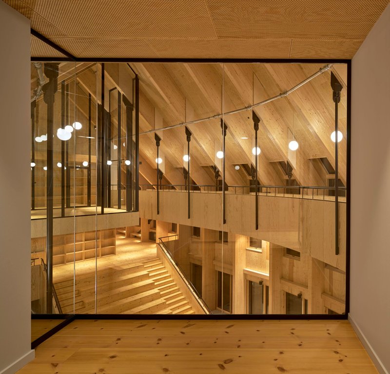 Timber-lined atrium viewed through floor-to-ceiling glazing with pendant lights suspended on cables
