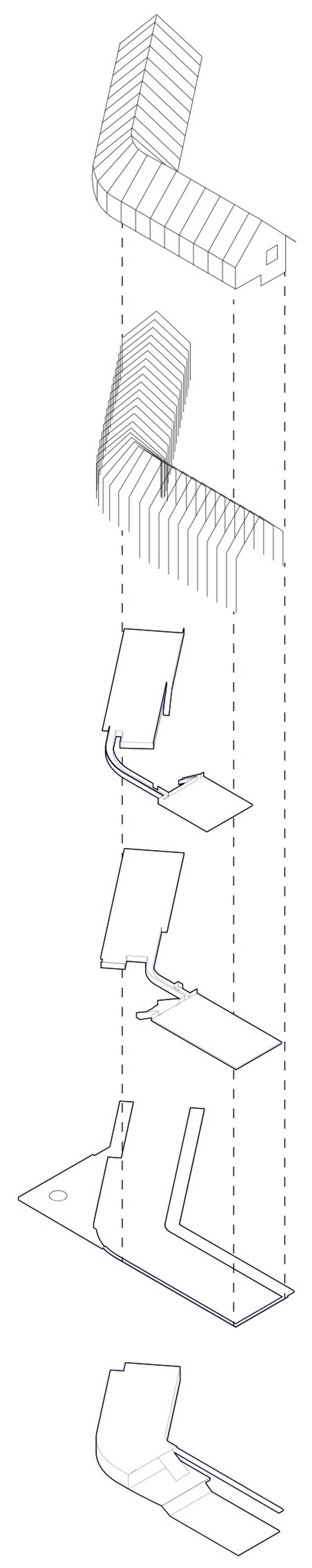 Axonometric drawing showing the building volumes separated to reveal internal spatial relationships
