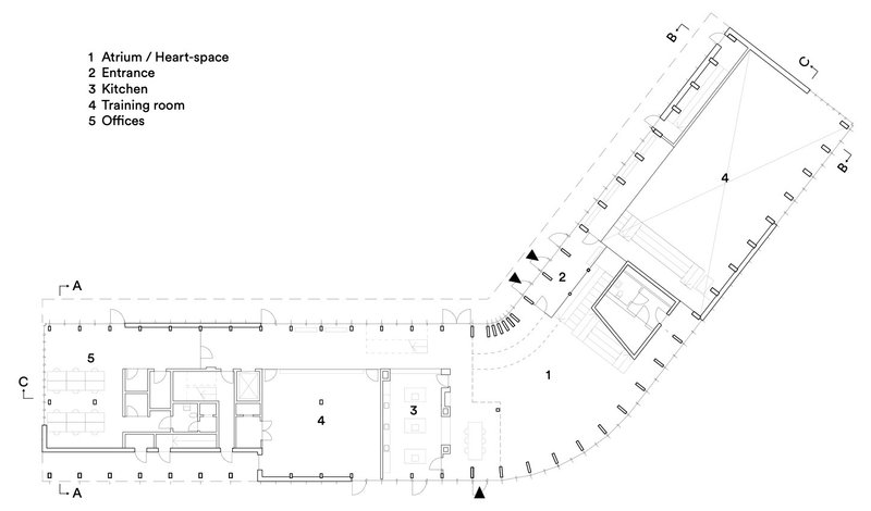 Floor plan drawing showing atrium heart-space, entrance, kitchen, training room, and offices with section cut lines marked