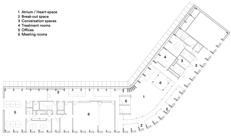 Floor plan drawing depicting conversation spaces and meeting rooms arranged along a curved circulation spine