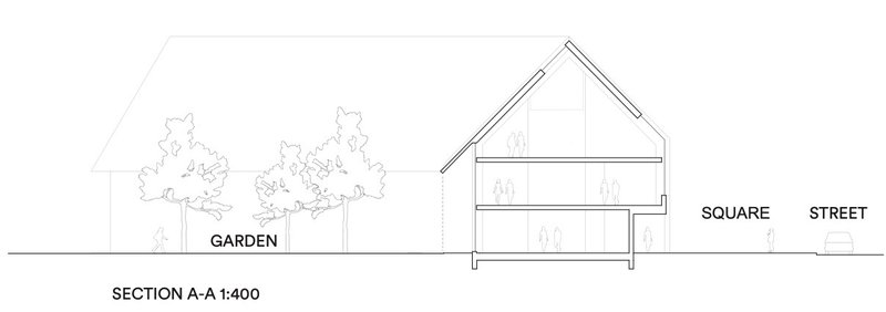 Section drawing showing a pitched-roof volume with two levels adjacent to a garden and neighboring house