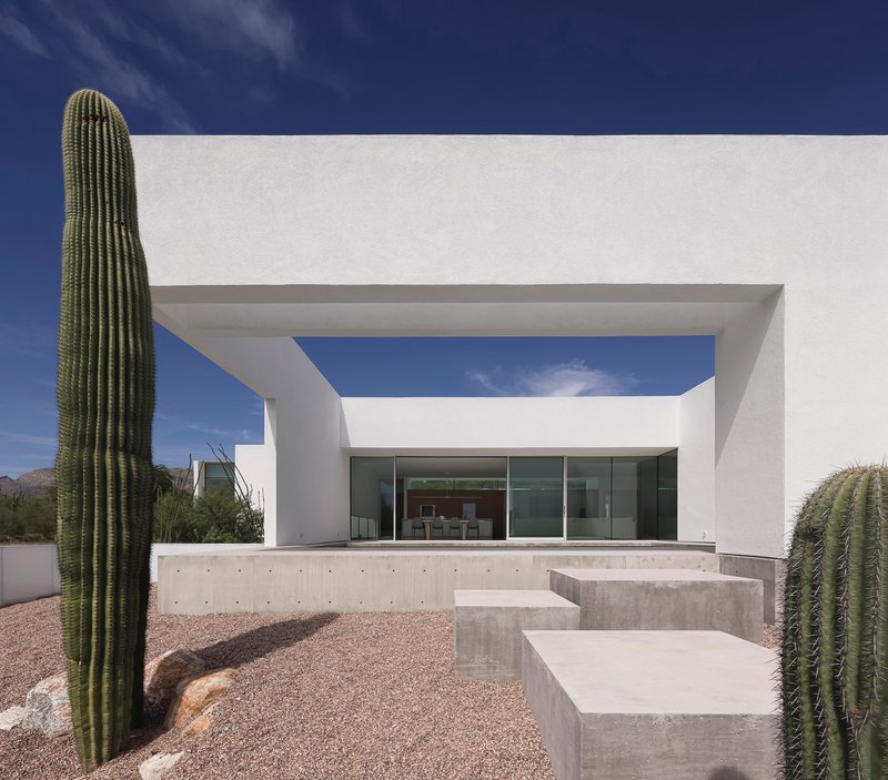 Covered terrace with concrete seating blocks and saguaro cacti flanking the glazed volume beyond