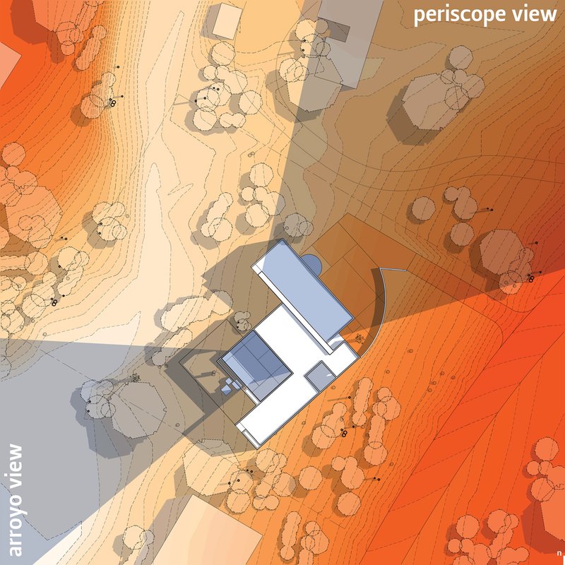 Site plan drawing showing building footprints and tree canopies with topographic contour lines across sloped terrain