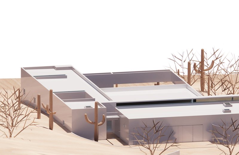 Physical model showing interlocking flat roof volumes with vertical timber posts and leafless desert trees
