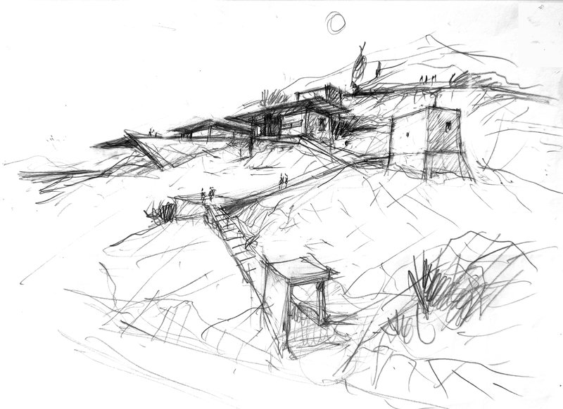 Perspective sketch of a hillside residence with figures walking on paths and vegetation