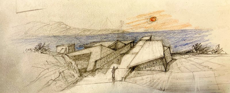 Colored perspective sketch of angular volumes set into a sloping landscape at sunset