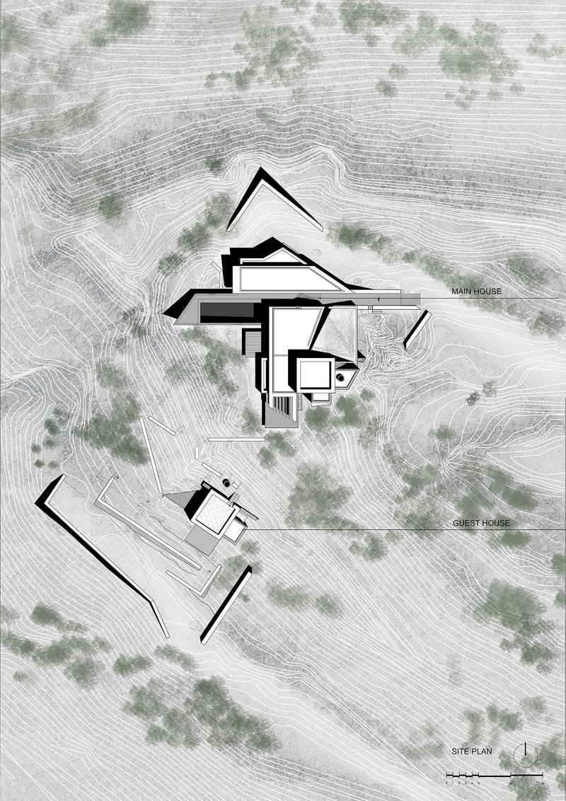 Site plan drawing showing building footprints with topographic contours and scattered vegetation